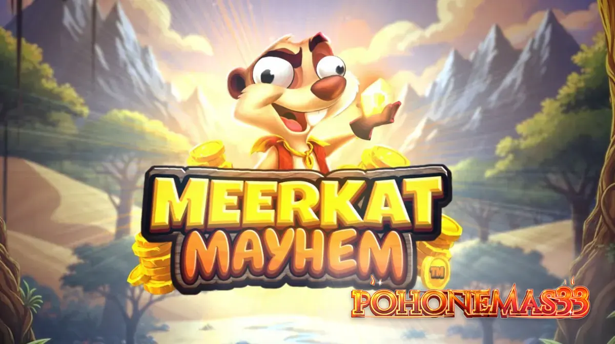 Tampilan antarmuka seluler gim slot Meerkat Mayhem dengan latar belakang gurun