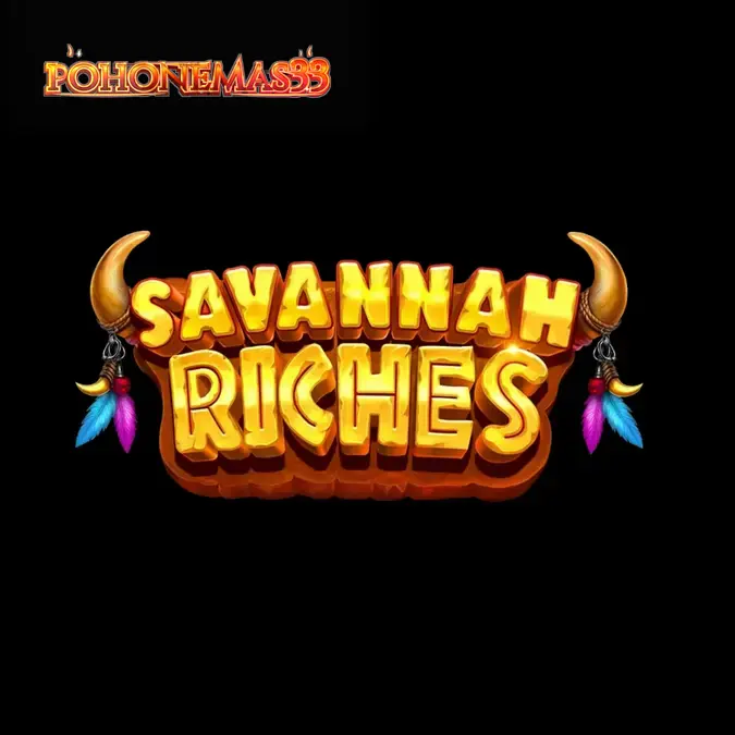 Pemandangan matahari terbenam di savana Afrika dengan elemen slot Savannah Riches